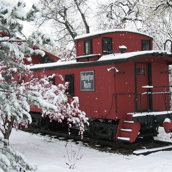 Historical Burlington Route rail car in the snow