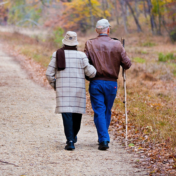 Older couple walks on a nature trail