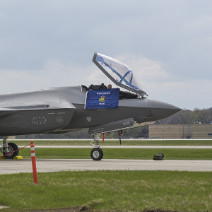 An F-35A Lightning II aircraft piloted by U.S. Air Force Lt. Col. Michael Koob arrives at Truax Field in Madison, Wisconsin Apr. 25, 2023. The aircraft was one of the first three F-35s to arrive on the base following the Air Force's decision to assign the fifth-generation fighters to the 115th Fighter Wing in April 2020. (U.S. Air National Guard photo by Isabella Jansen)