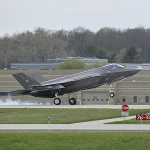 One of three F-35A Lightning II aircraft assigned to the Wisconsin Air National Guard's 115th Fighter Wing arrives at Dane County Regional Airport in Madison, Wisconsin, Apr. 25, 2023.  The F-35s solidified the unit's status as the second ANG wing in the nation to receive the fifth-generation fighter, and marked the 9th primary aircraft flown by the 115th FW since its establishment in October 1948. (U.S. Air National Guard photo by Master Sgt. Mary Greenwood)
