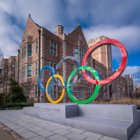 Saint Louis, MO—Feb 7, 2021; Colorful Olympic ring statue marks the location of the second Olympiad in 1904 that is now Washington University in St Louis